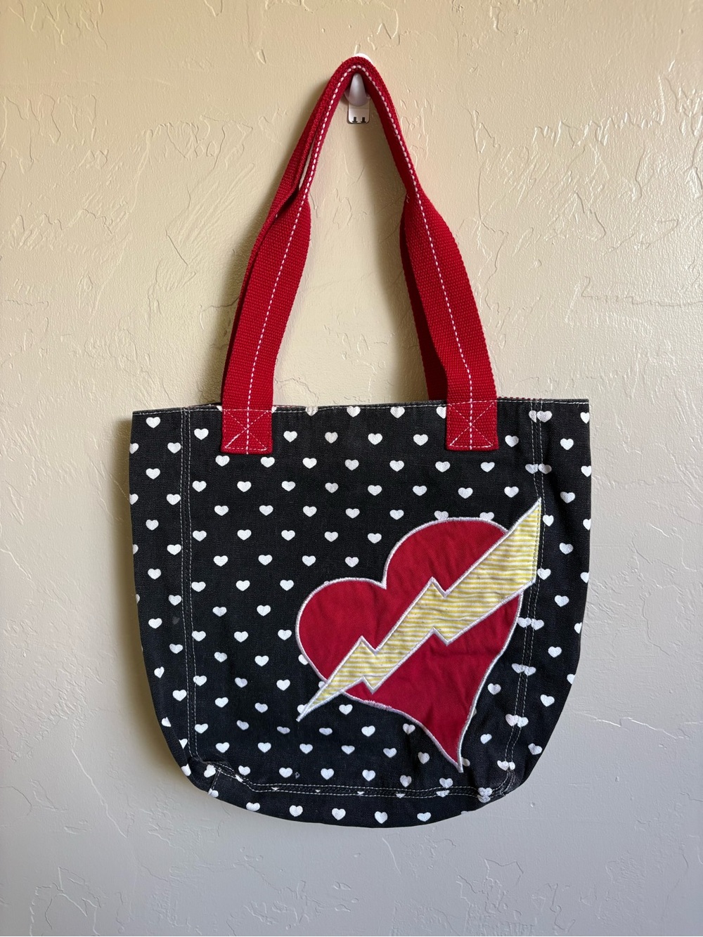 Y2K Heart Lightning Bolt Polka Dot Hearts Black White Red Canvas Tote Bag 2000s